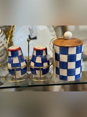 Blue and White Checkered Ceramic salt pepper Shakers with Matching Canister
